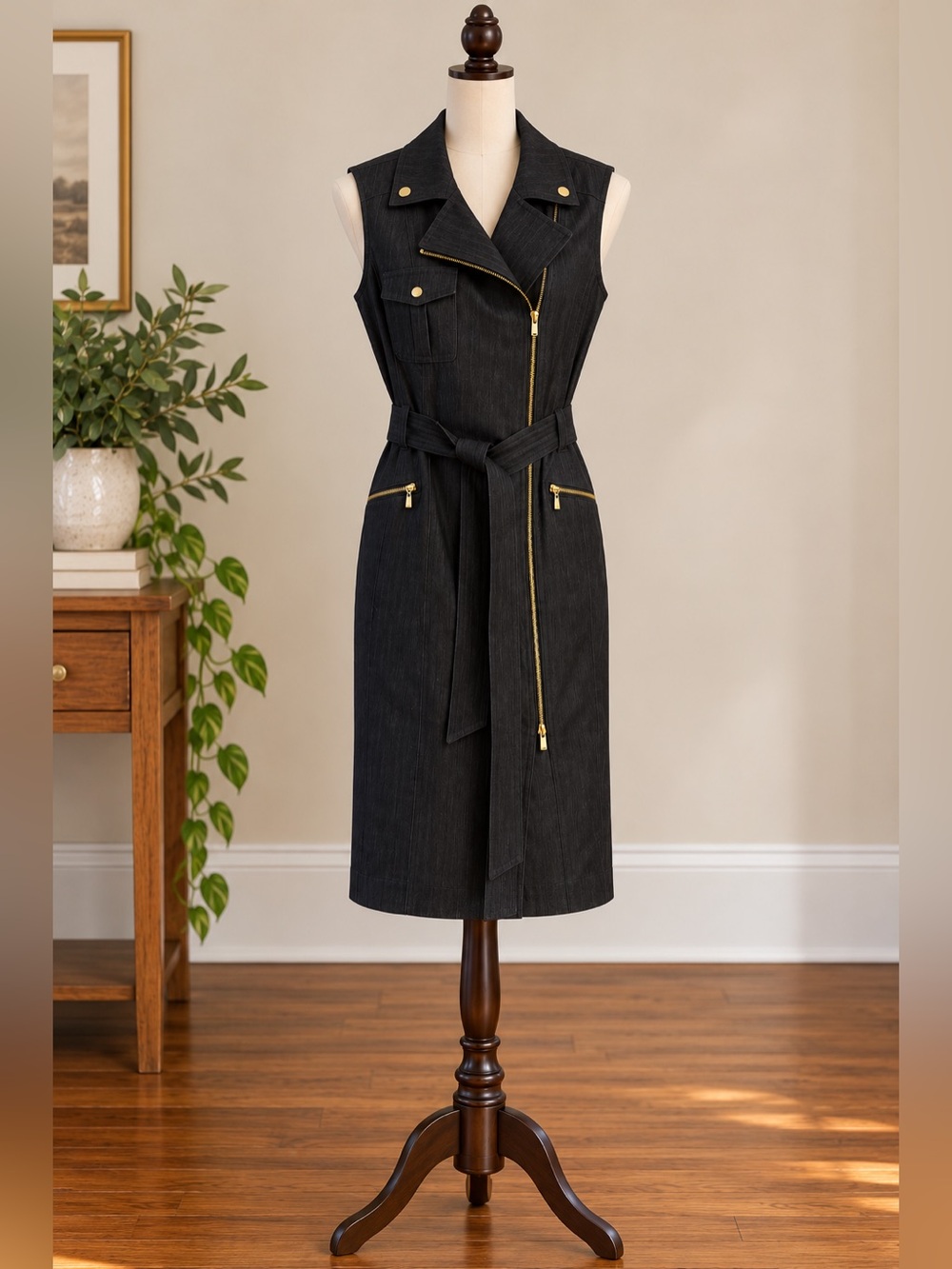 Calvin Klein Black Moto Utility Zip Front Belted Dress Size 2 Office Siren